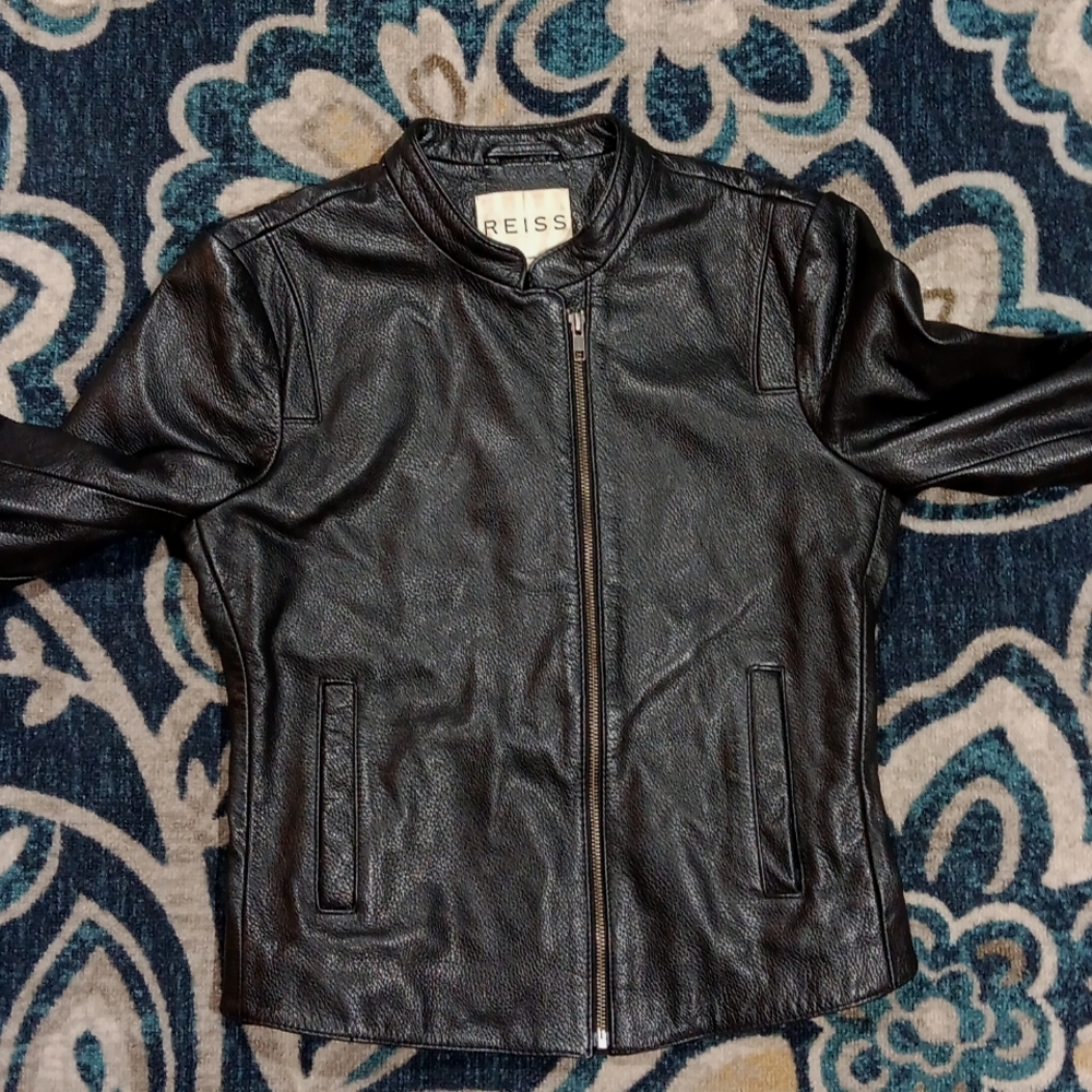 Reiss black leather moto classic biker jacket women's sz small - Picture 9 of 13